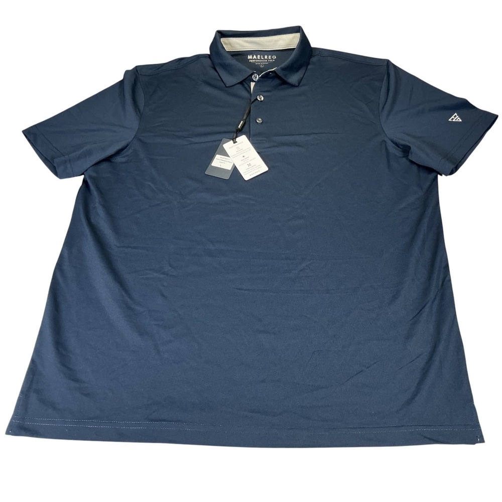 Maelreg Performance Polo Mens L Navy‎ Golf Shirt Stretch UPF Wicking NEW